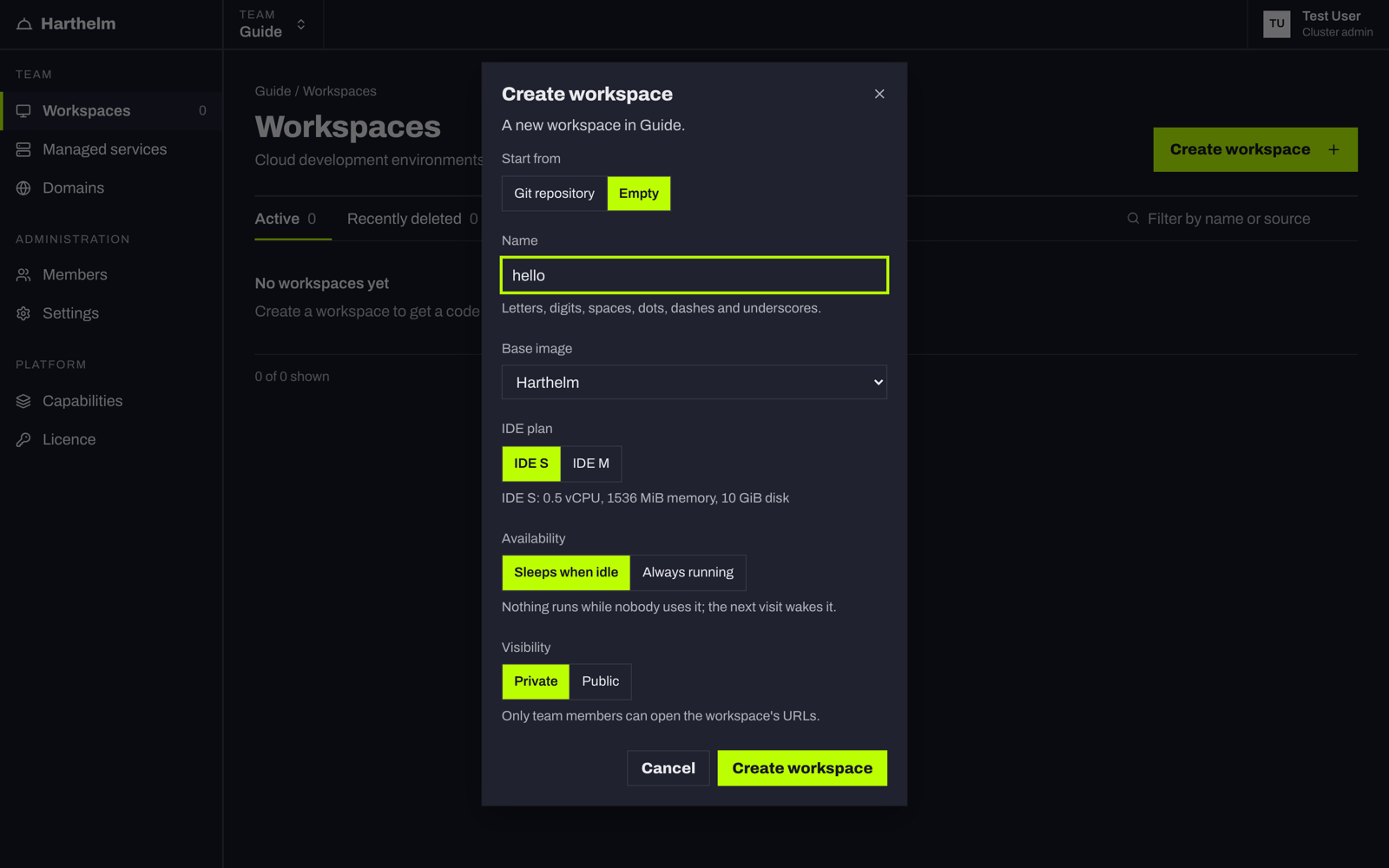 The Create workspace dialog: Empty, name hello, the default plan, Sleeps when idle, Private
