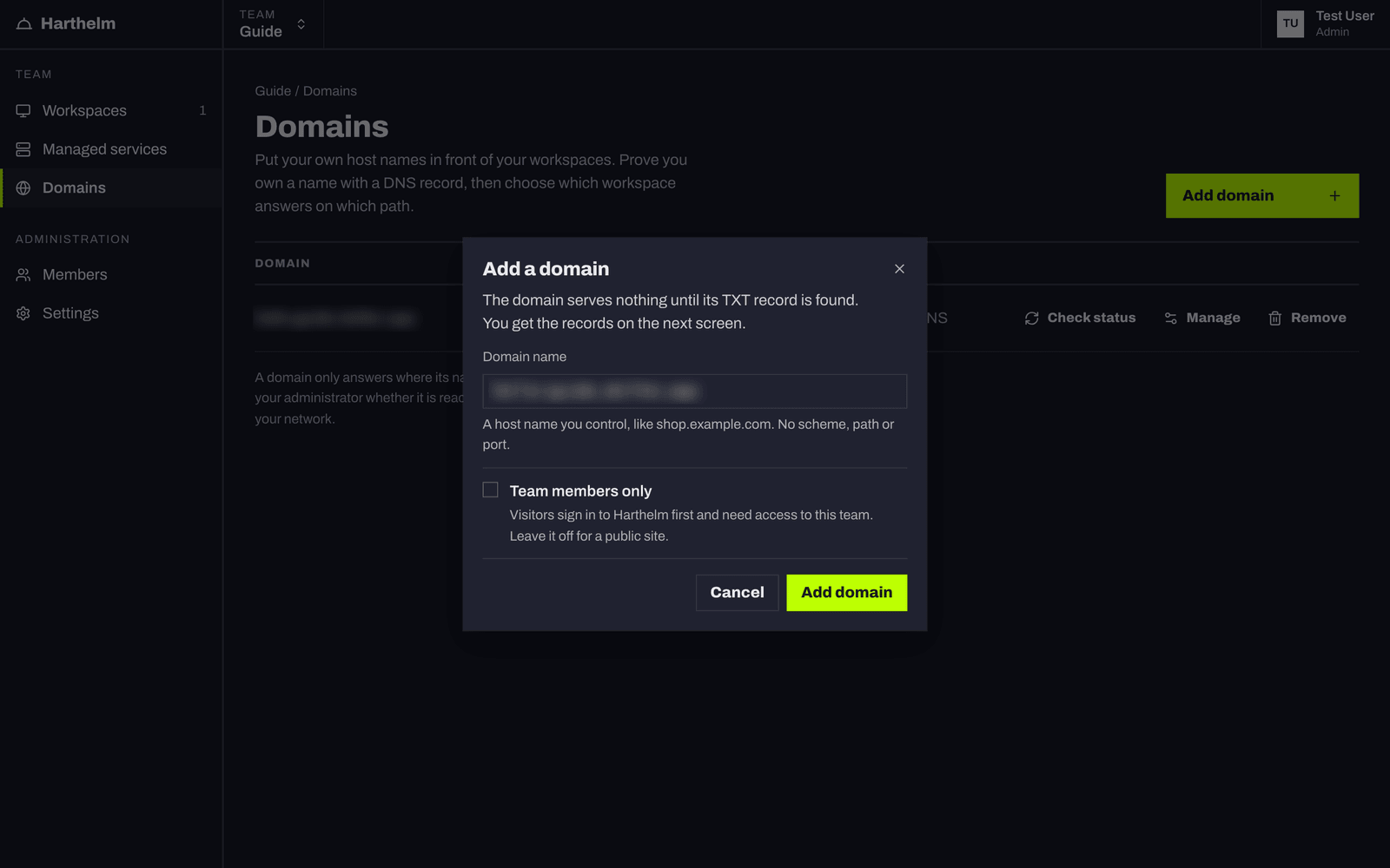 The Add a domain dialog with the host name filled in
