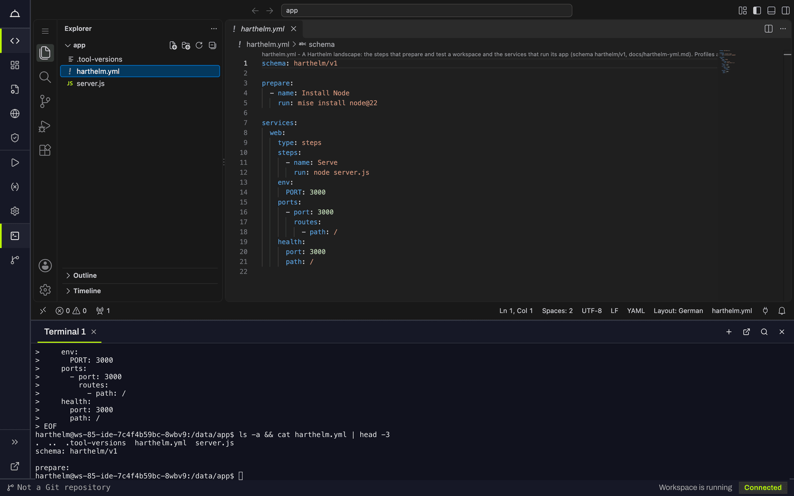 The editor with harthelm.yml open, server.js and .tool-versions in the explorer, the terminal below