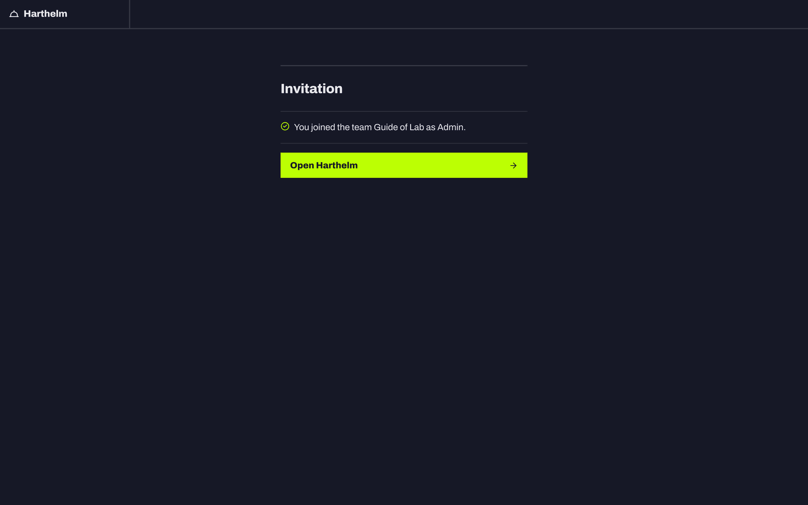 The invitation page after signing in: the team you joined and your role