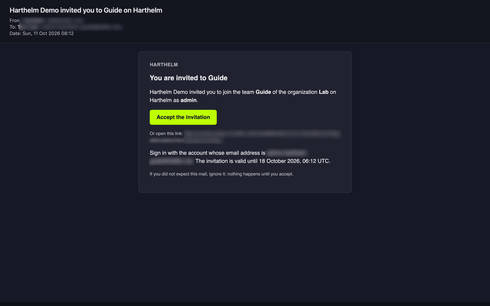 The invitation mail with the team, the organization, the role and the Accept the invitation button