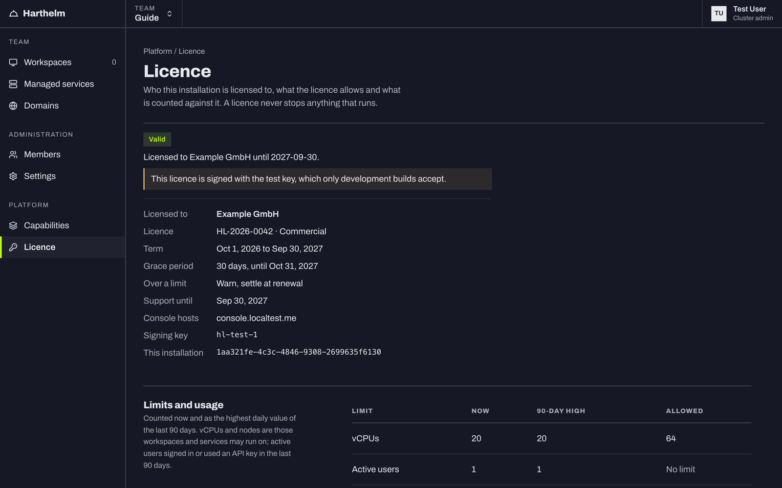 The Licence page: the licence in force with its state, the limits and usage, and the licences installed