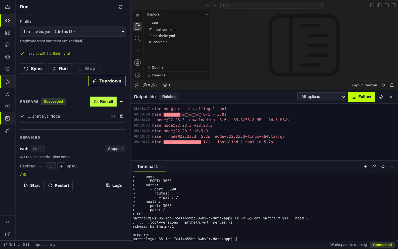 The Prepare card with the step Install Node succeeded and its output
