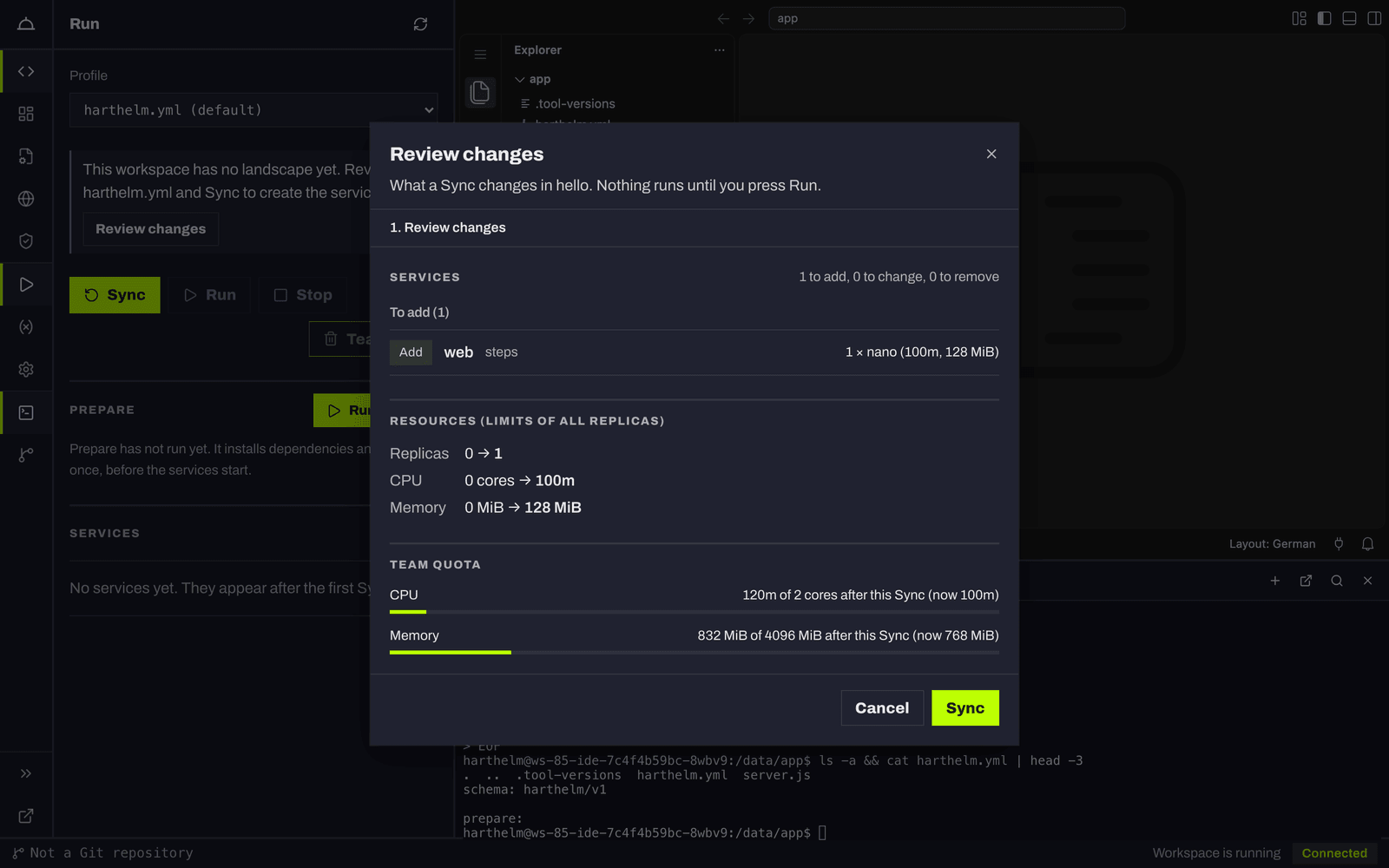 Review changes: web to add, its size, and the team quota after the Sync