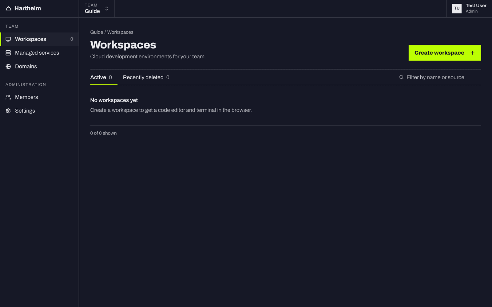 The empty workspace list with the Create workspace button